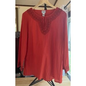 Chicos Women's Gorgeous Red Long Sleeve Beaded Blouse 100% Cotton